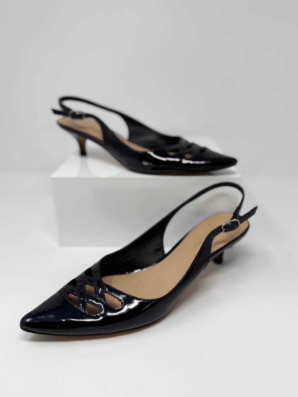 Via Spiga Black Patent Leather Slingback Kitten Heels Pointed Toe Cutout Pumps